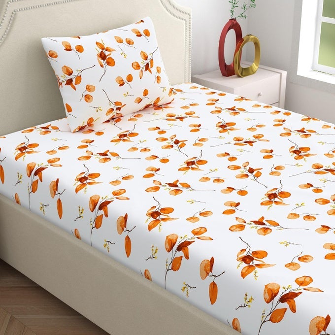 100 COTTON SINGLE BEDSHEET WITH 1 PILLOW COVER 140 TC FLORAL WHITE FOR SINGLE BED 48FT X 73FT