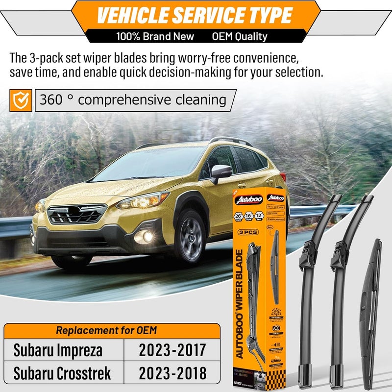 AUTOBOO Windshield Wipers with Rear Wiper Blade Sets for Subaru Crosstrek Impreza 2018 (Pack of 3)26in+16in, 12in - Image 2
