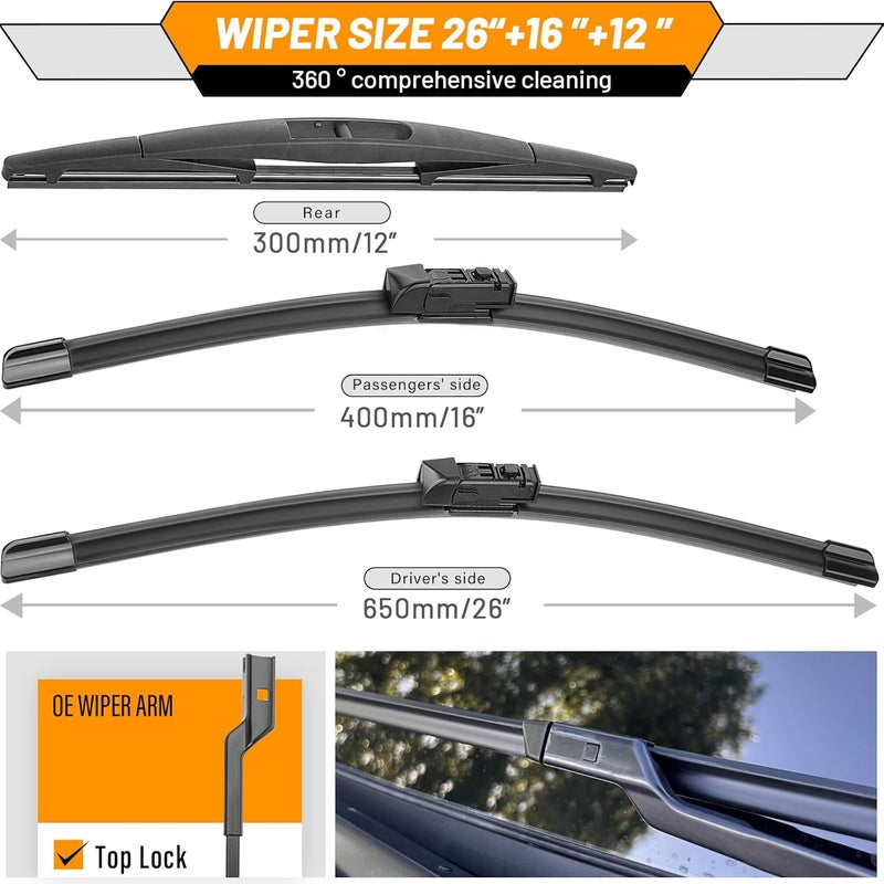 AUTOBOO Windshield Wipers with Rear Wiper Blade Sets for Subaru Crosstrek Impreza 2018 (Pack of 3)26in+16in, 12in - Image 3