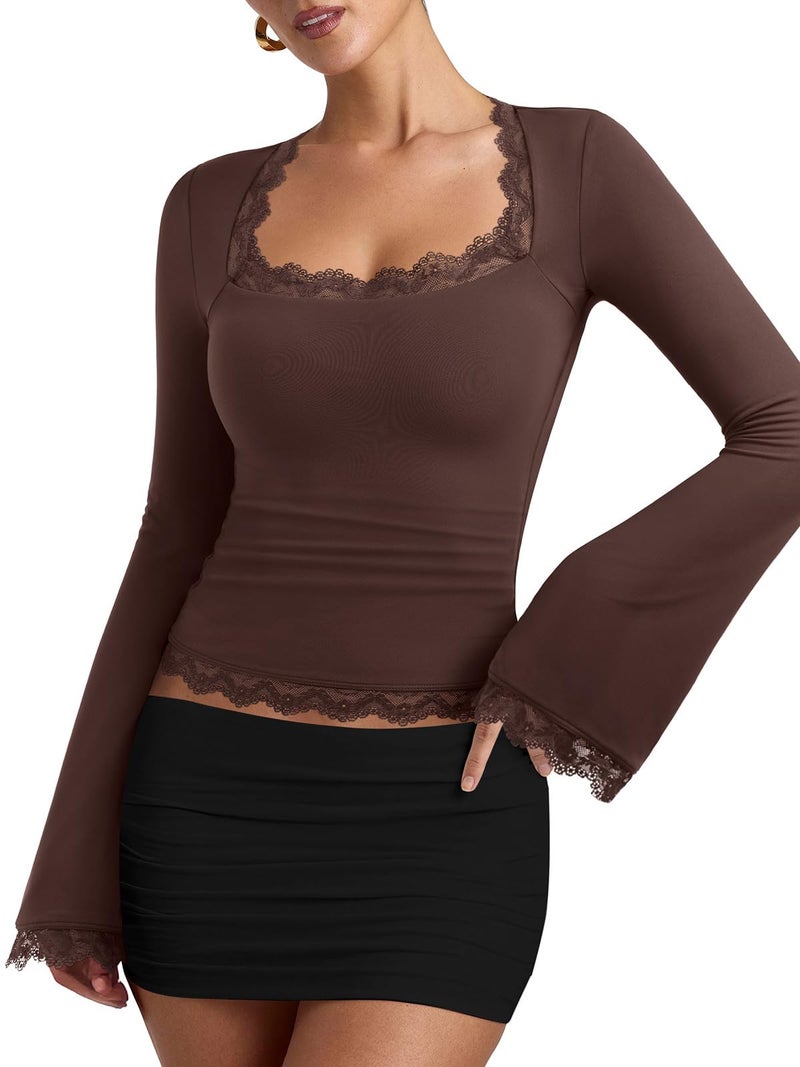 REORIA Womens Boho Square Neck Long Sleeve Tee Shirts Lace Trim Casual Slim Fitted 2026 Winter Fall Fashion Going Out Tops Brown - Image 1