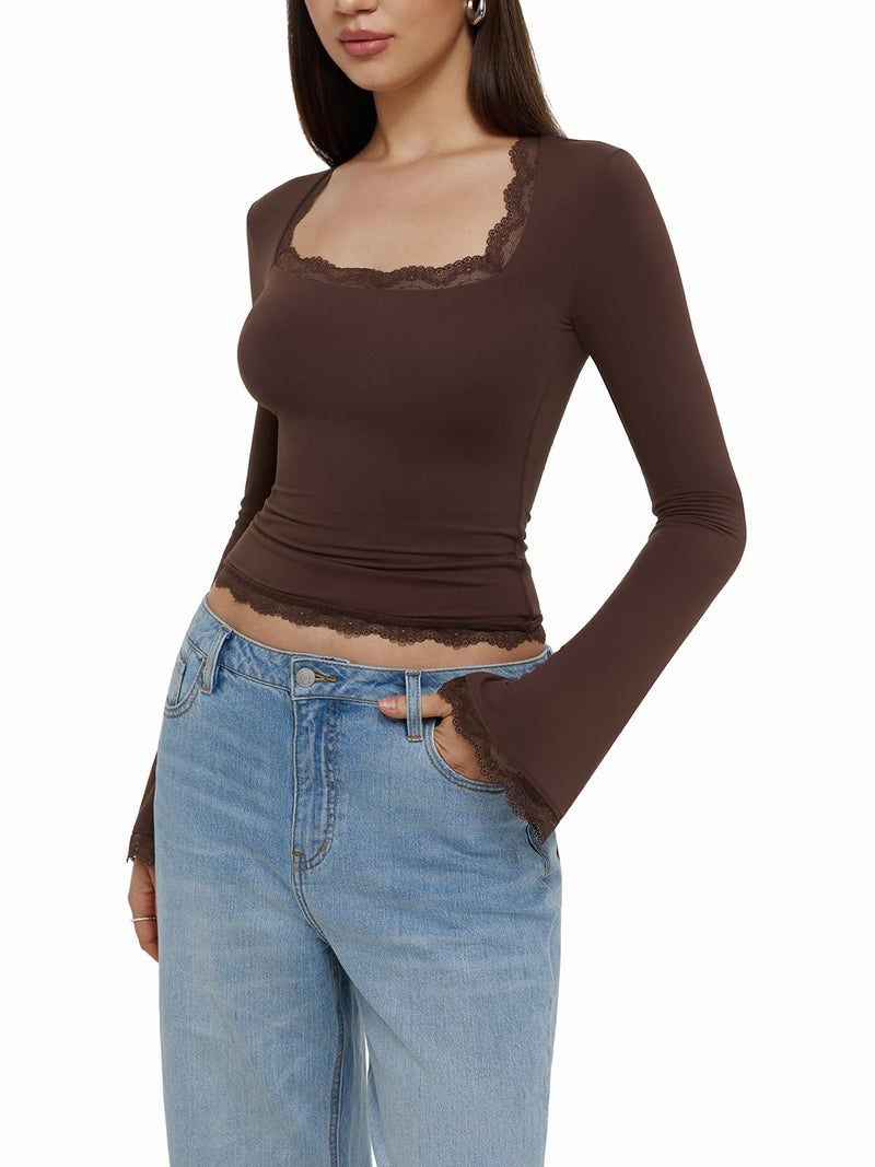 REORIA Womens Boho Square Neck Long Sleeve Tee Shirts Lace Trim Casual Slim Fitted 2026 Winter Fall Fashion Going Out Tops Brown - Image 2