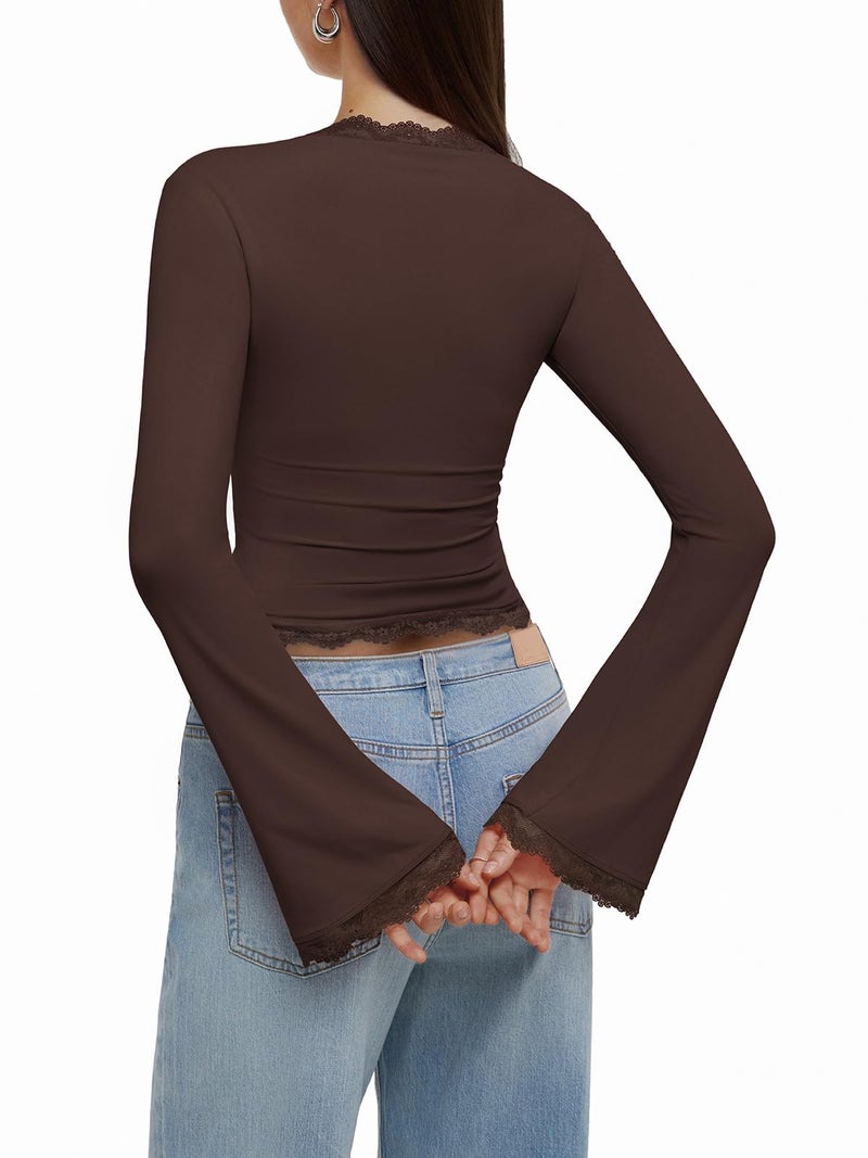 REORIA Womens Boho Square Neck Long Sleeve Tee Shirts Lace Trim Casual Slim Fitted 2026 Winter Fall Fashion Going Out Tops Brown - Image 3