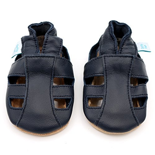 Dotty Fish Infant and Toddler Soft, Breathable Leather Sandals for Girls and Boys. Barefoot-Friendly, Non-Slip Suede Sole. Navy Blue. 6-12 Months - Image 1