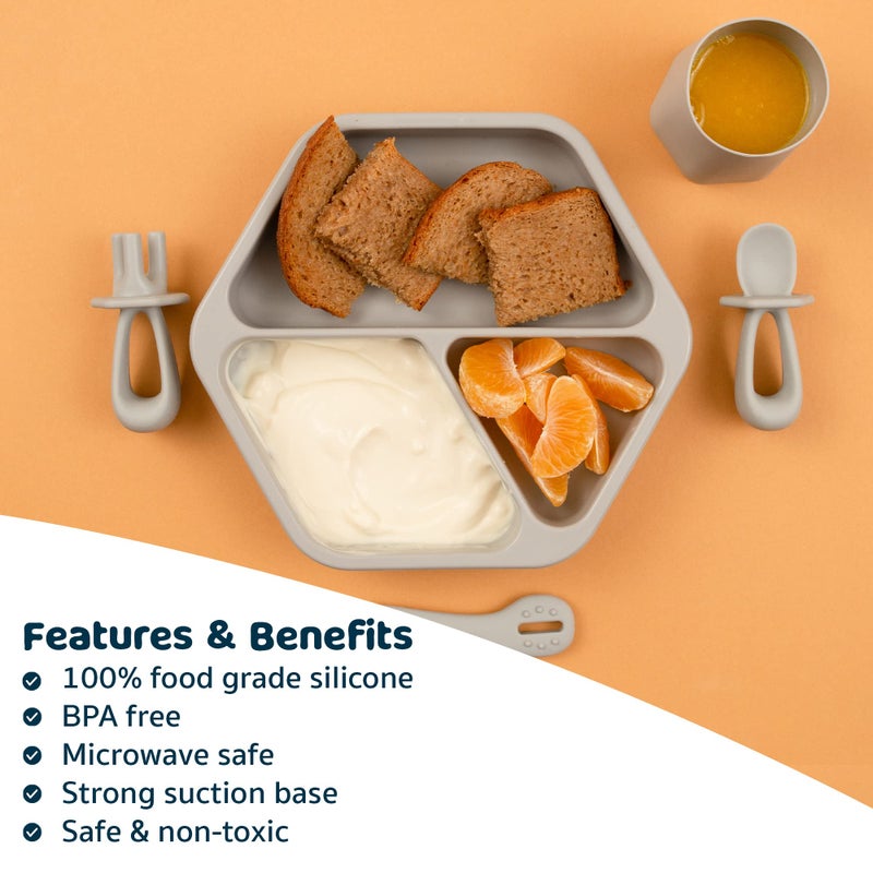 Tiny Twinkle Silicone Suction Baby Plate, Suction Grip Divided Dish for First Foods and Self-Feeding Toddlers, Baby Led Weaning Supplies for Independent Eating (Grey Plate with Lid) - Image 4