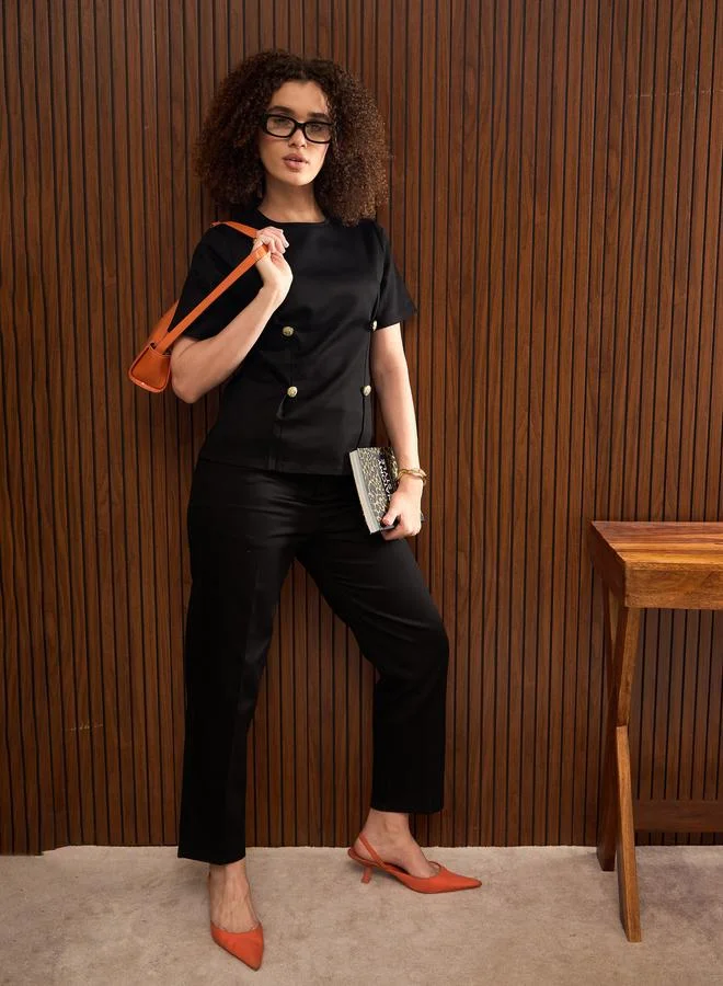 ساسافراس Sassafras Black Round Neck Button Down Darted Top
