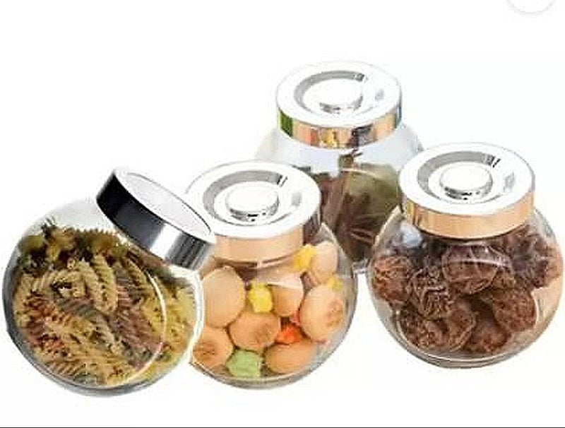 SAND DUNE Set of 4, 200 ml Each Storage Glass Jar Steel Cap, Transparent | BPA Free | Storage Jar Containers/Barni for Kitchen for Aachar Pickle, Dry Fruits, Masala, Spices, and dals. - Image 1
