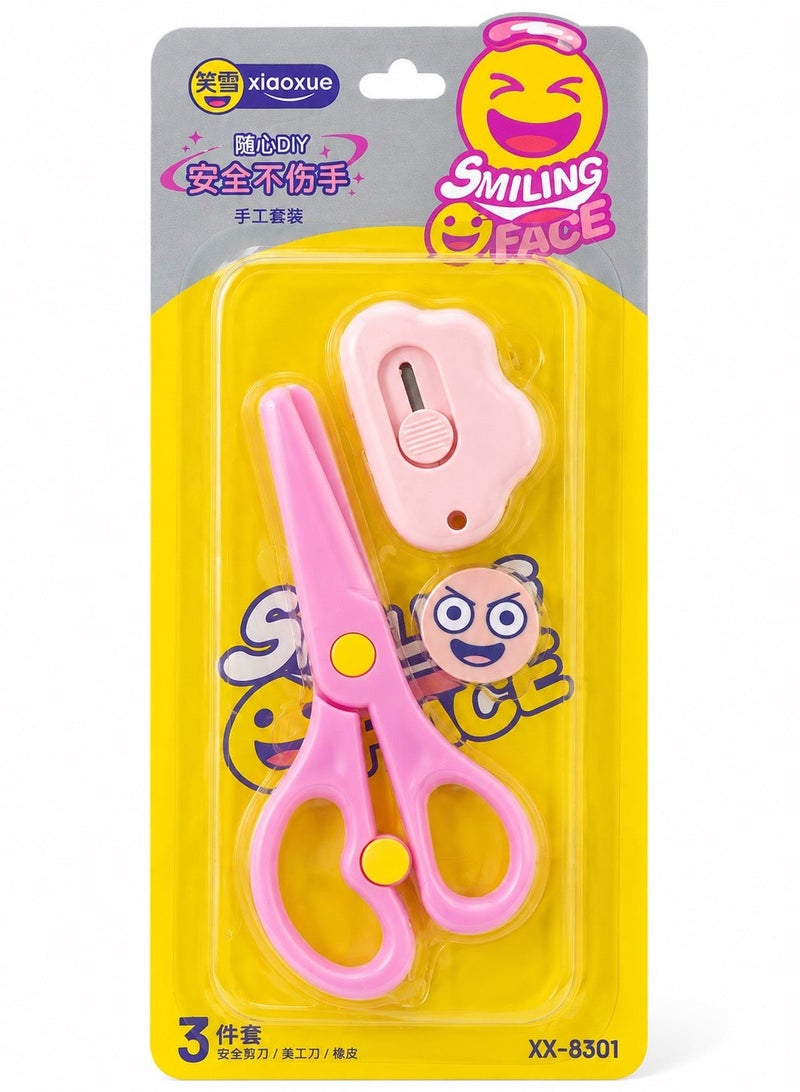 Smiling Kids Safety Craft Tool Set 3-Piece – Child Safe Scissors, Paper Cutter & Cartoon Eraser – School Supplies for Arts, Crafts & DIY - Image 3