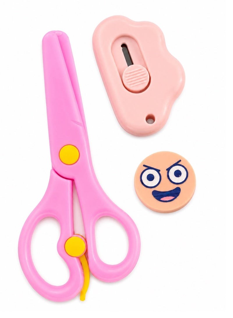Smiling Kids Safety Craft Tool Set 3-Piece – Child Safe Scissors, Paper Cutter & Cartoon Eraser – School Supplies for Arts, Crafts & DIY - Image 1
