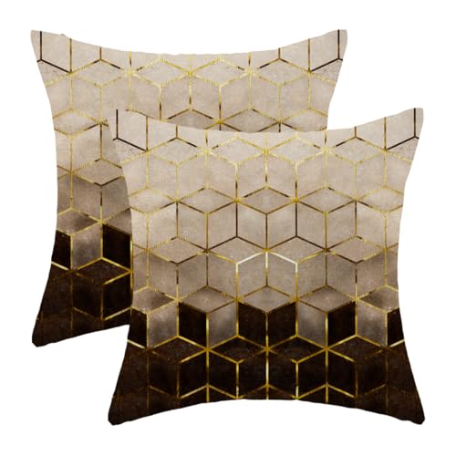 Sorktse Boho Brown Black Pillow Covers 18 x 18 Inch Set of 2 Abstract Brown Golden Geometric Throw Pillows Outdoor Decorative Modern Art Cubic Pillowcase Linen Cushion Cases for Bed Sofa Couch - Image 1