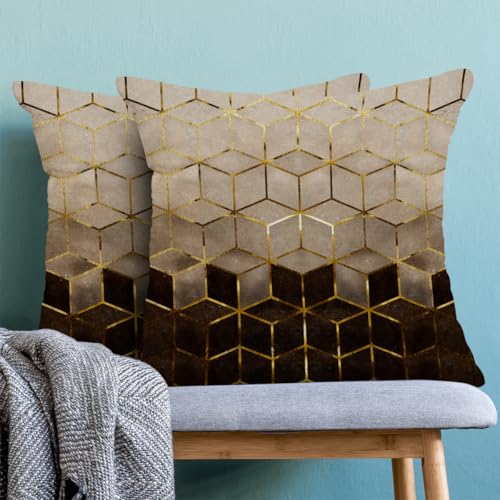 Sorktse Boho Brown Black Pillow Covers 18 x 18 Inch Set of 2 Abstract Brown Golden Geometric Throw Pillows Outdoor Decorative Modern Art Cubic Pillowcase Linen Cushion Cases for Bed Sofa Couch - Image 2