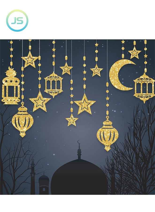JS 12 Pcs Ramadan Garland Eid Decoration Streamer, Ramadan Mubarak Party Banner, Star Moon Lantern Streamer Backdrop Shining Hanging, Wall Decorations for Home Wedding Birthday Islam Party Deco - Image 1