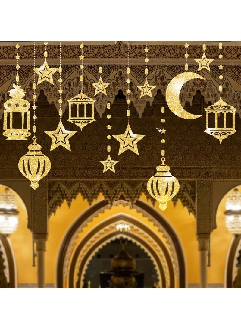 JS 12 Pcs Ramadan Garland Eid Decoration Streamer, Ramadan Mubarak Party Banner, Star Moon Lantern Streamer Backdrop Shining Hanging, Wall Decorations for Home Wedding Birthday Islam Party Deco - Image 3