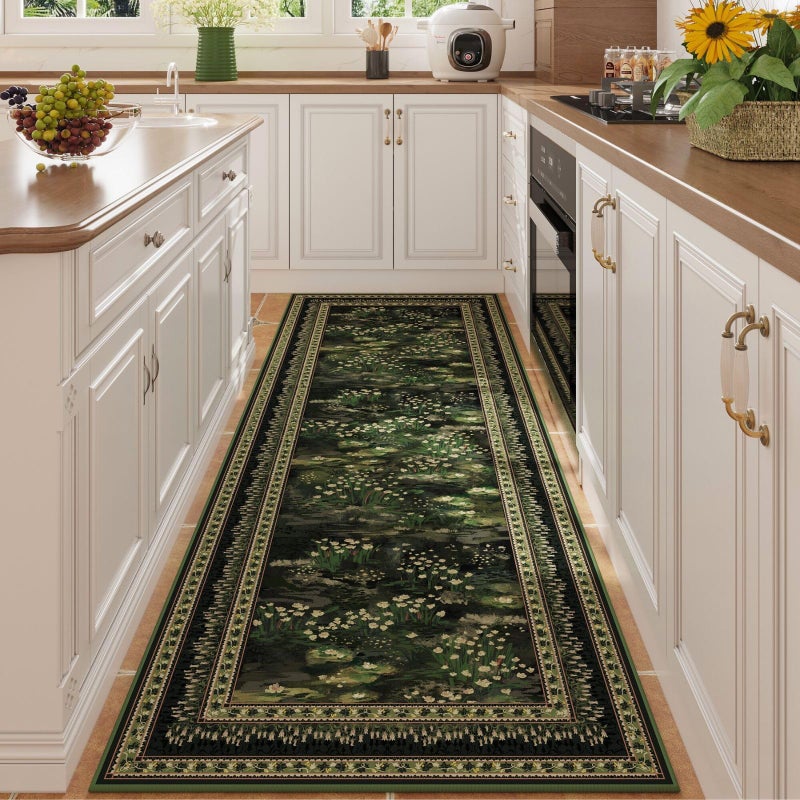 Rugcomf Runner Rug Impressionist-Style Vintage Kitchen Rugs Non Slip Washable Soft Carpet Runner for Kitchen Laundry Bedroom Bathroom, Green - Image 1