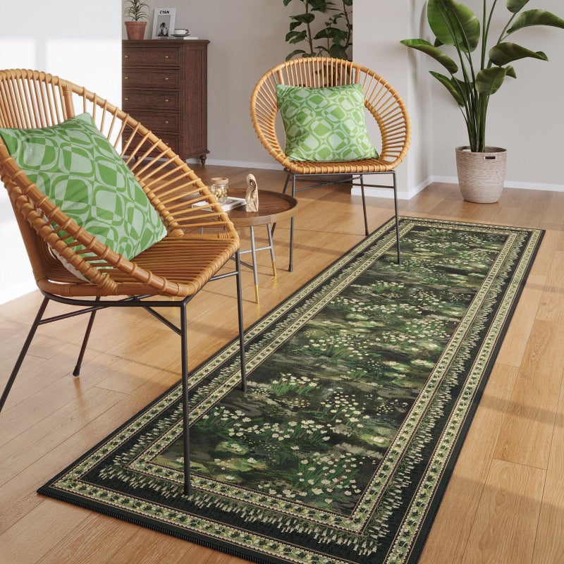 Rugcomf Runner Rug Impressionist-Style Vintage Kitchen Rugs Non Slip Washable Soft Carpet Runner for Kitchen Laundry Bedroom Bathroom, Green - Image 2