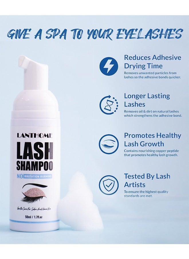 Lanthome - Lash Shampoo for Eyelash Extension 50ml, Eyelash Shampoo Kit, Lash Extension Cleanser, Eyelash Cleanser for Eyelash Extension with Cleansing Brush and Mascara Wand for Salon Use, Home Care - Image 1
