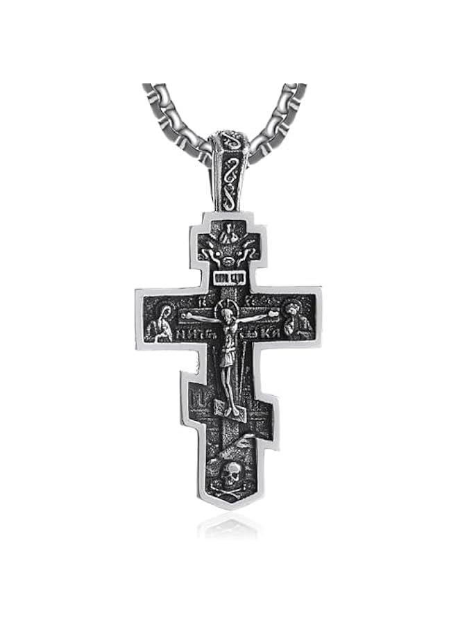 Arabest 316L Stainless Steel Necklace Jesus Crucifix Cross Necklace For Men Celtic Orthodox Cross Necklace Virgin Mary Pendant Necklace Viking Rune Chain Necklace Religious Christian Jewelry Gifts For Men - Image 1