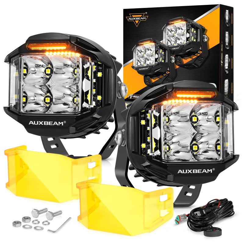 أضواء LED دائرية من سلسلة Auxbeam VMAX بحجم 4 إنش و 92 واط مع أغطية برتقالية، أضواء قيادة جانبية LED للطرق الوعرة مع نمط شعاع 270، ضوء مساعد عالمي للشاحنات والدراجات الرباعية و Wrangler و Ford Pickup