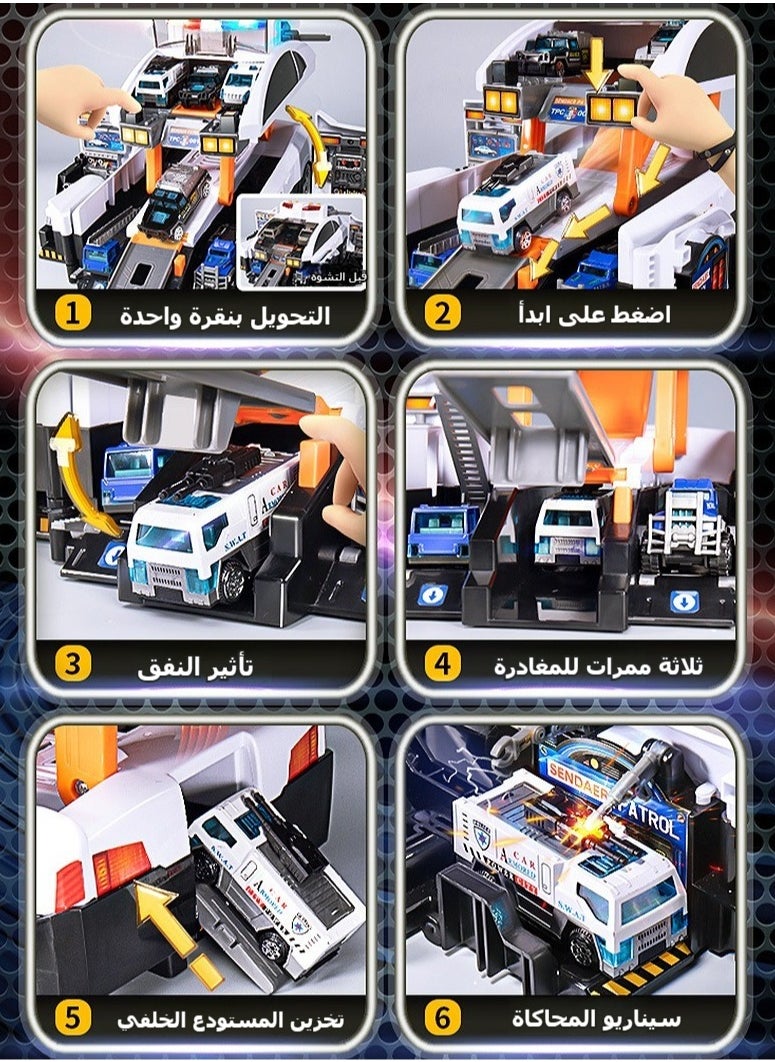 XiuWoo Children's Storage Scene Fire Police Car Deformation Ejection Track Parking Lot Sound and Light Puzzle Model Toy Car  - Image 3