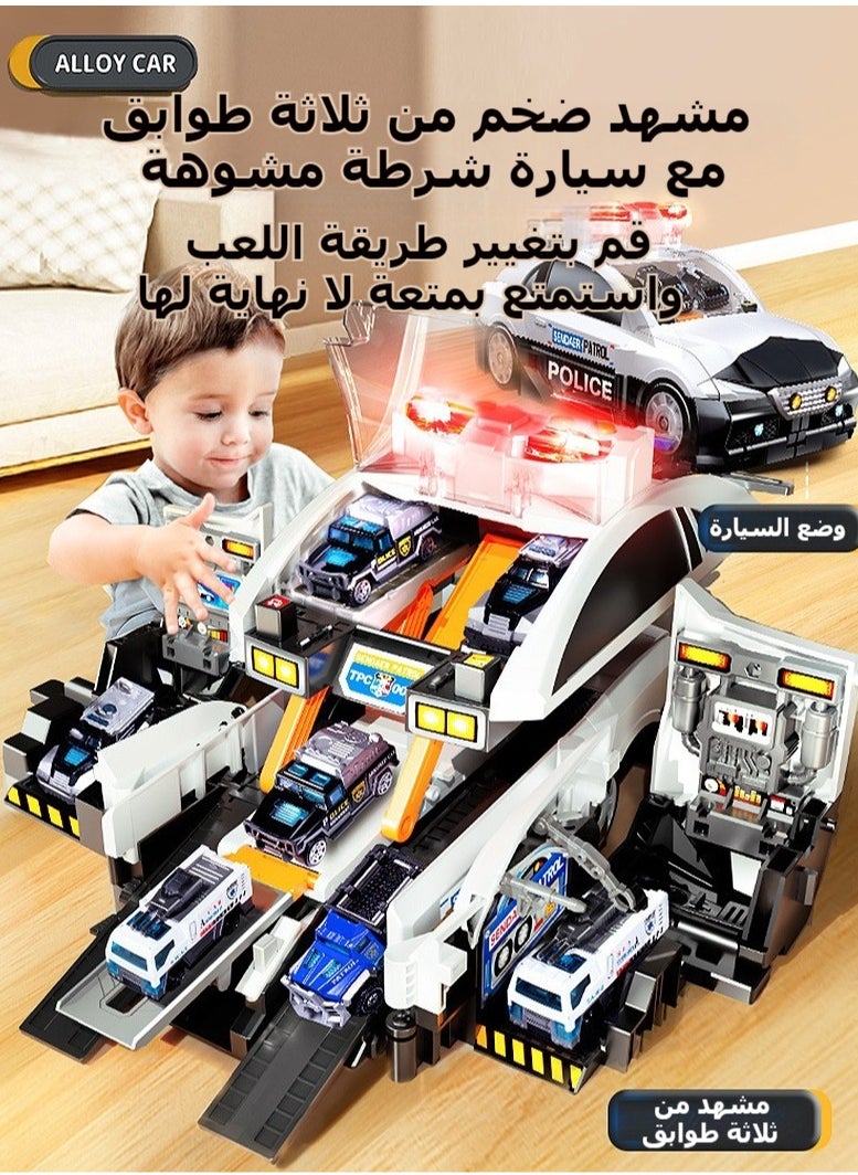 XiuWoo Children's Storage Scene Fire Police Car Deformation Ejection Track Parking Lot Sound and Light Puzzle Model Toy Car  - Image 1
