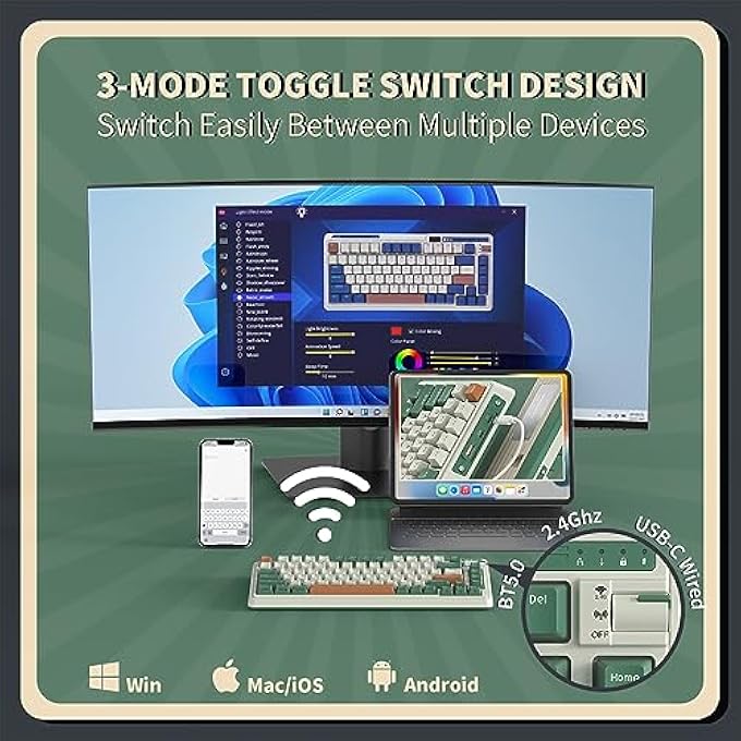 Kzzi K75 PRO RGB 75% WIRELESS GASKET MECHANICAL KEYBOARD, TRIPLE MODE BT 5.0/2.4G/USB-C 82 KEYS HOT SWAPPABLE GAMING KEYBOARD W/KNOB & POWER DISPLAY, CUSTOM TACTILE SWITCHES, GREEN - Image 3