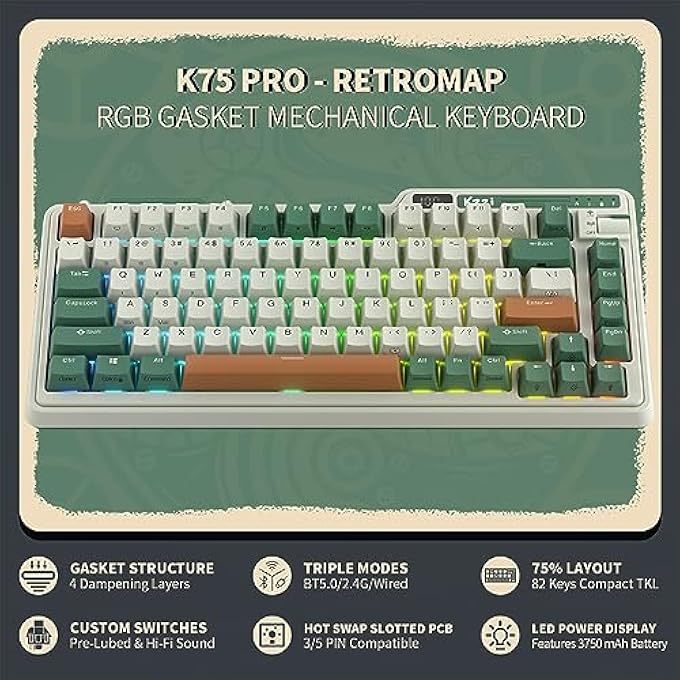 Kzzi K75 PRO RGB 75% WIRELESS GASKET MECHANICAL KEYBOARD, TRIPLE MODE BT 5.0/2.4G/USB-C 82 KEYS HOT SWAPPABLE GAMING KEYBOARD W/KNOB & POWER DISPLAY, CUSTOM TACTILE SWITCHES, GREEN - Image 2