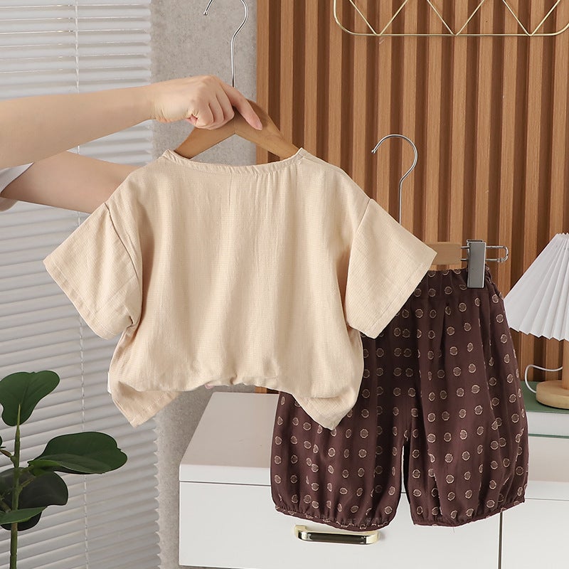 Little Boy Summer 2024 Boys Loose Cotton Short Sleeve Two-Piece Children'S Casual Shorts - Image 5