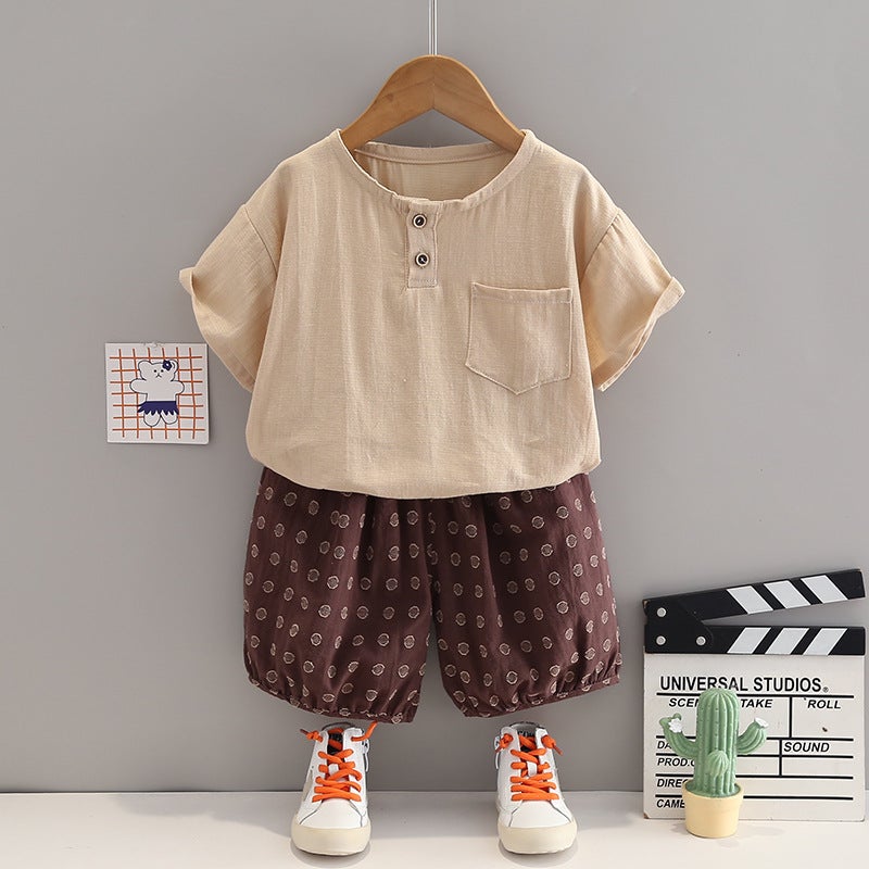 Little Boy Summer 2024 Boys Loose Cotton Short Sleeve Two-Piece Children'S Casual Shorts - Image 1