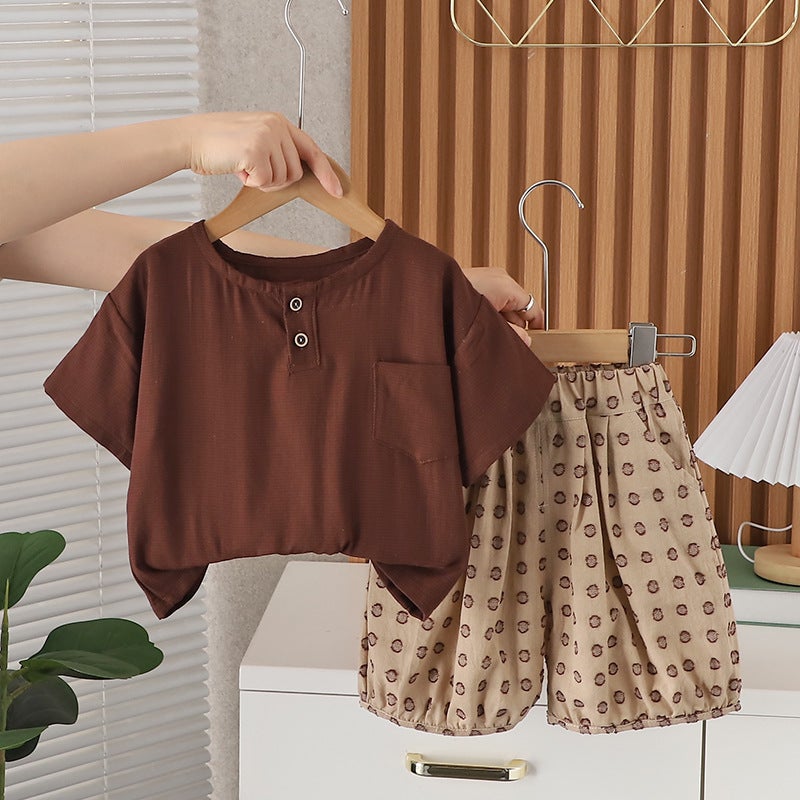 Little Boy Summer 2024 Boys Loose Cotton Short Sleeve Two-Piece Children'S Casual Shorts - Image 3