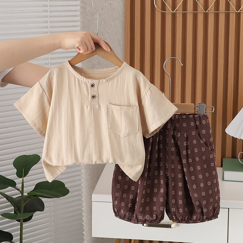 Little Boy Summer 2024 Boys Loose Cotton Short Sleeve Two-Piece Children'S Casual Shorts - Image 4