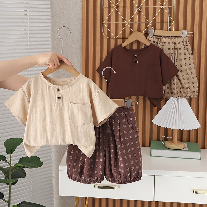 Little Boy Summer 2024 Boys Loose Cotton Short Sleeve Two-Piece Children'S Casual Shorts - Image 2