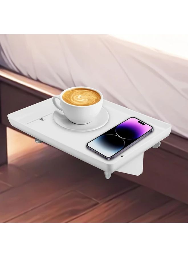 White Clip On Bedside Shelf With Cable Management Floating Bed Tray Side Table - Image 1