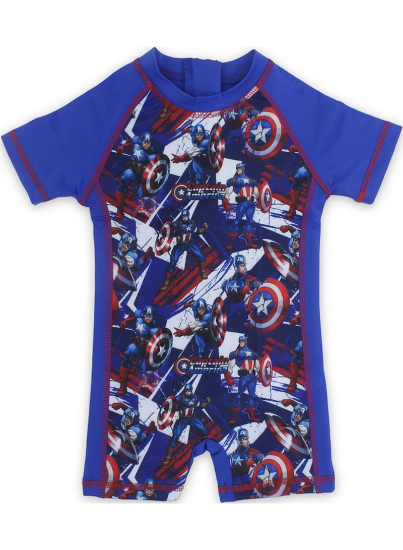 Boys Sunsuit One-Piece – Navy with Captain America Print – Blue – 13-14y