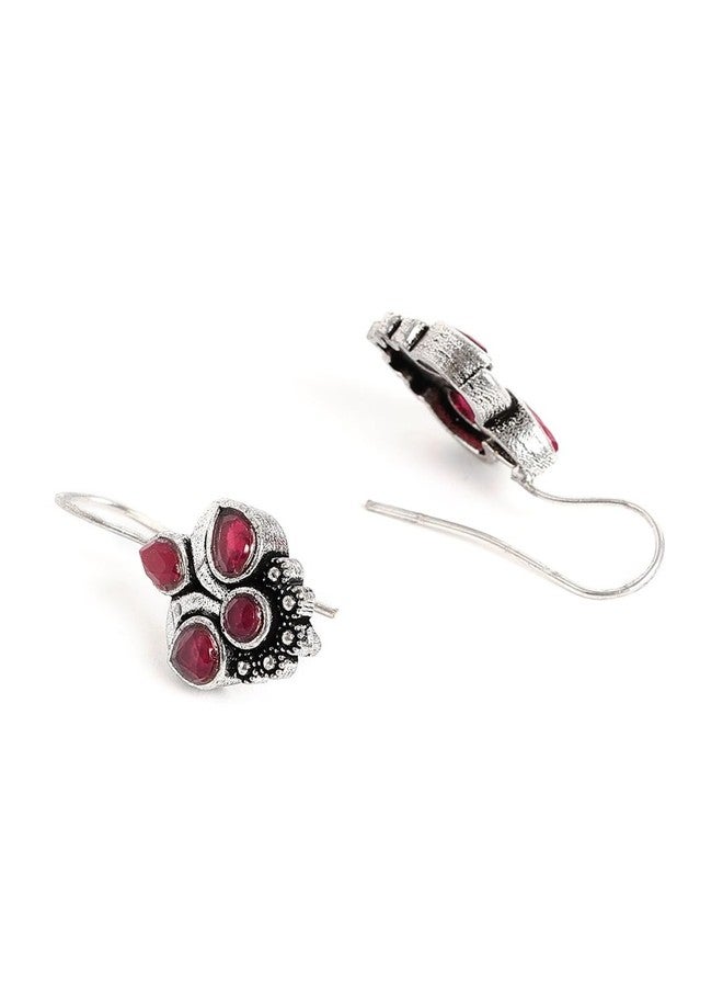 El Regalo Small Oxidized German Silver Stones Hook Earrings- Handmade Oxidized Indian Earrings (Cherry Pink) - Image 2