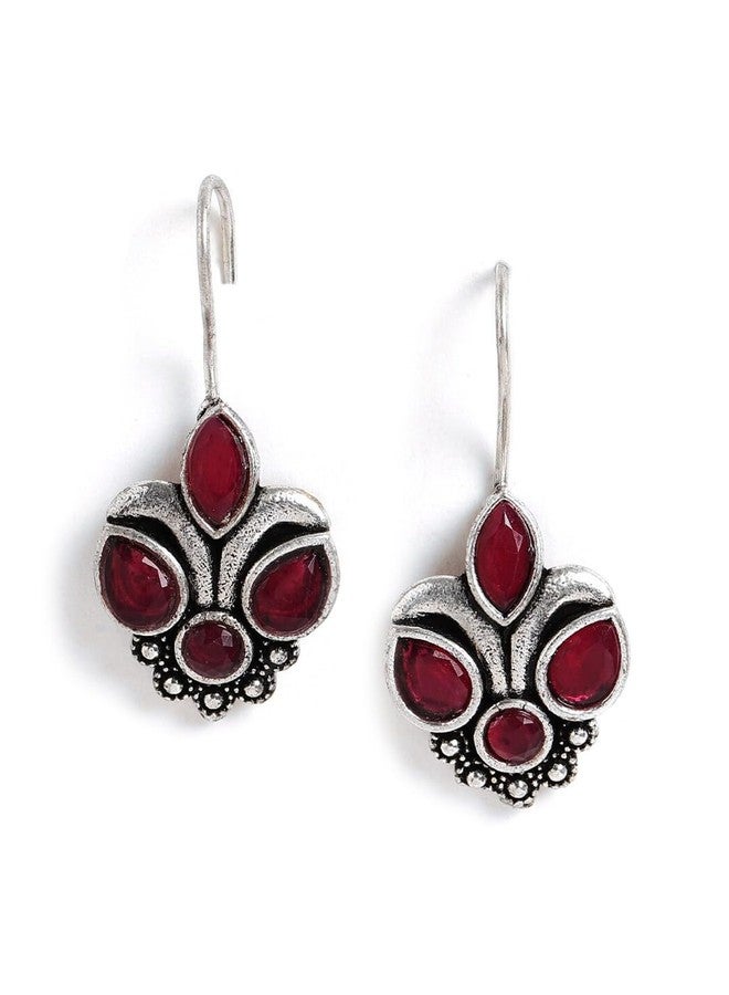 El Regalo Small Oxidized German Silver Stones Hook Earrings- Handmade Oxidized Indian Earrings (Cherry Pink) - Image 1