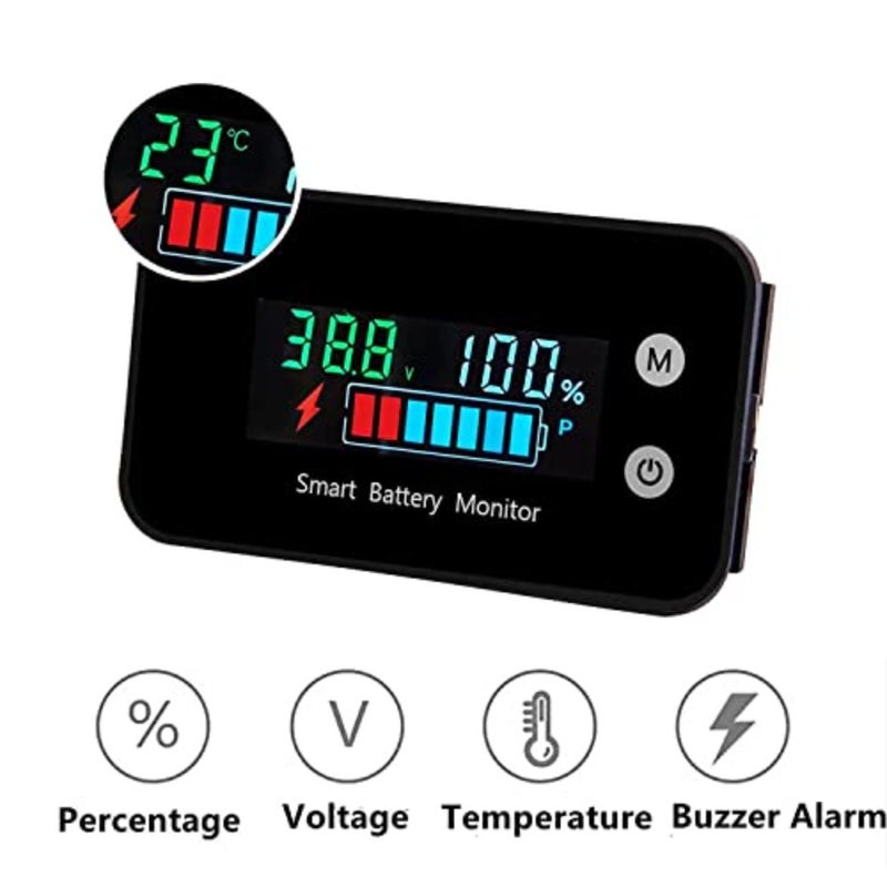 Battery Capacity Monitor, 12v 24v 36v 48v 60v 72v, Digital Battery Status Tester Meter, Remaining Percentage Level Voltage Fahrenheit Temperature Power Indicator Panel Gauge for Marine RV, Golf cart - Image 2