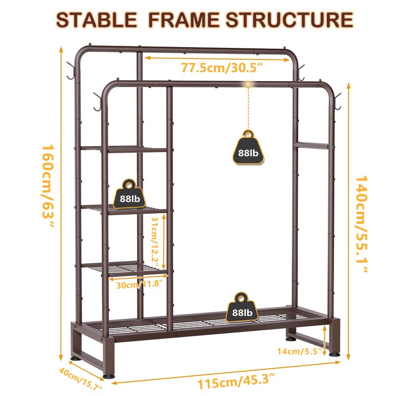 HOMIDEC Double Rods Clothes Rack Clothing Rack with 4 Tier Storage Shelves Clothes Rack for Hanging Clothes Multifunctional Heavy Duty Clothes Organizer with Hooks for Bedroom,Wardrobe Closet,Shop,Brown - Image 3