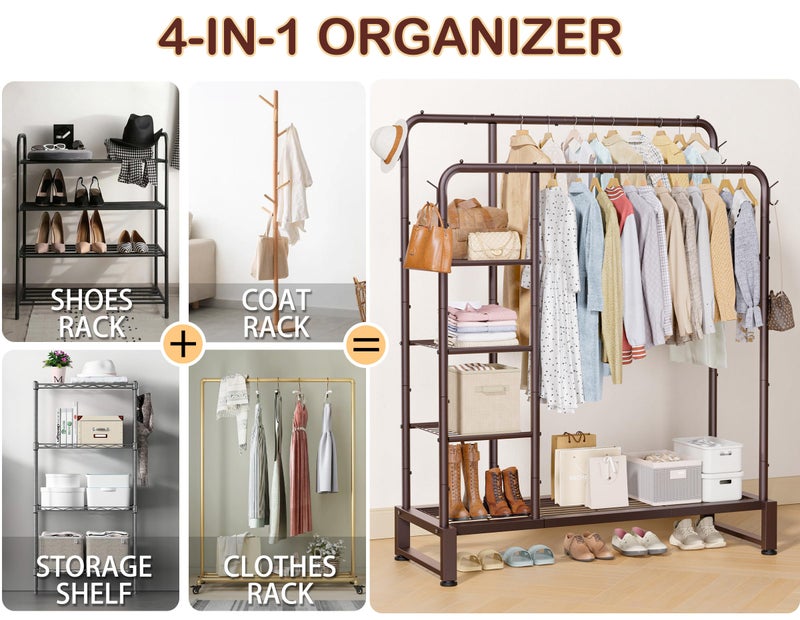 HOMIDEC Double Rods Clothes Rack Clothing Rack with 4 Tier Storage Shelves Clothes Rack for Hanging Clothes Multifunctional Heavy Duty Clothes Organizer with Hooks for Bedroom,Wardrobe Closet,Shop,Brown - Image 4
