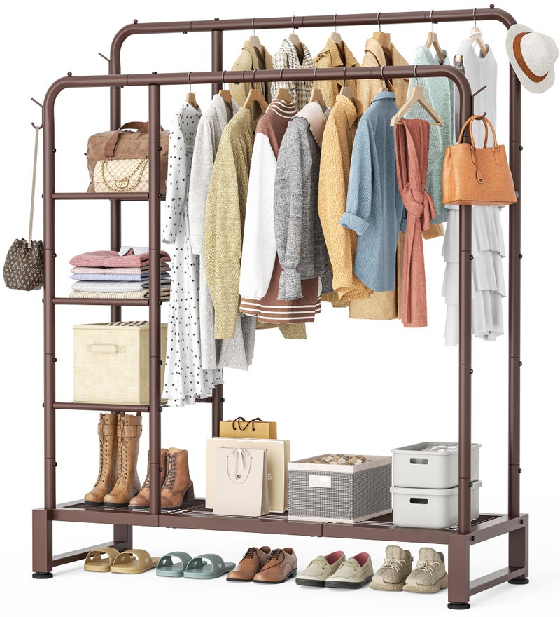 HOMIDEC Double Rods Clothes Rack Clothing Rack with 4 Tier Storage Shelves Clothes Rack for Hanging Clothes Multifunctional Heavy Duty Clothes Organizer with Hooks for Bedroom,Wardrobe Closet,Shop,Brown - Image 1