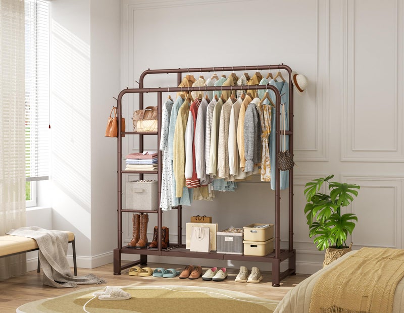 HOMIDEC Double Rods Clothes Rack Clothing Rack with 4 Tier Storage Shelves Clothes Rack for Hanging Clothes Multifunctional Heavy Duty Clothes Organizer with Hooks for Bedroom,Wardrobe Closet,Shop,Brown - Image 2