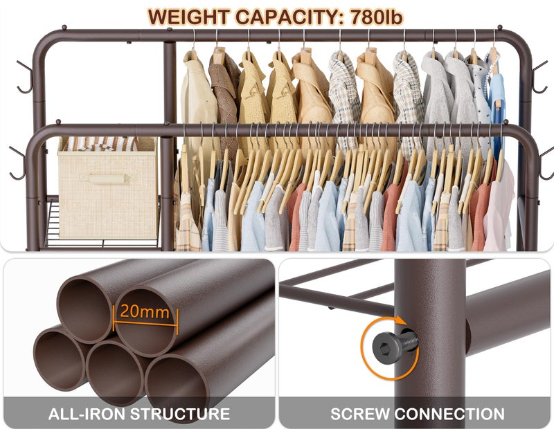 HOMIDEC Double Rods Clothes Rack Clothing Rack with 4 Tier Storage Shelves Clothes Rack for Hanging Clothes Multifunctional Heavy Duty Clothes Organizer with Hooks for Bedroom,Wardrobe Closet,Shop,Brown - Image 5