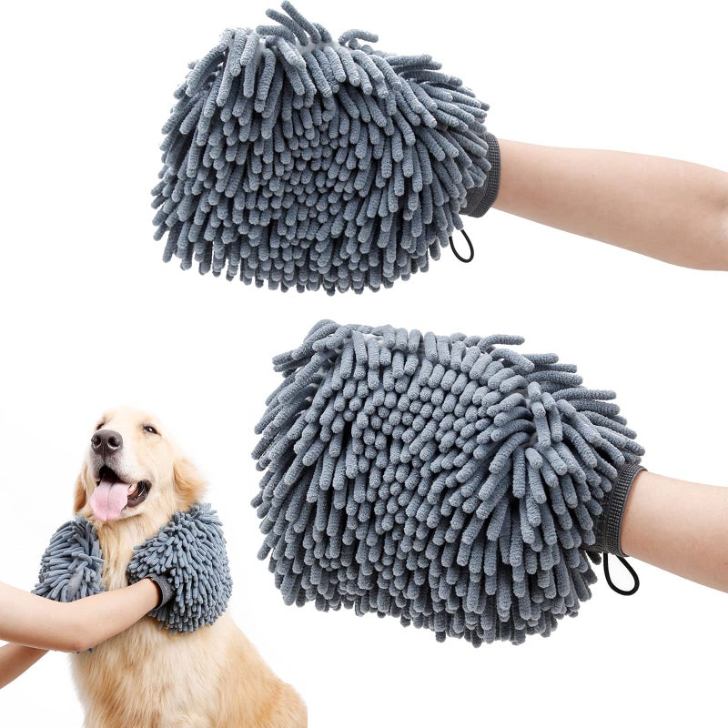DogLemi Dog Dry Bath Gloves Dog Washing Gloves Quick Drying Dogs Paw Towel Chenille Microfiber Pet Dirty Dog Grooming Gloves for Large Medium Small Pet Super Absorbent Machine Washable 2 Pack