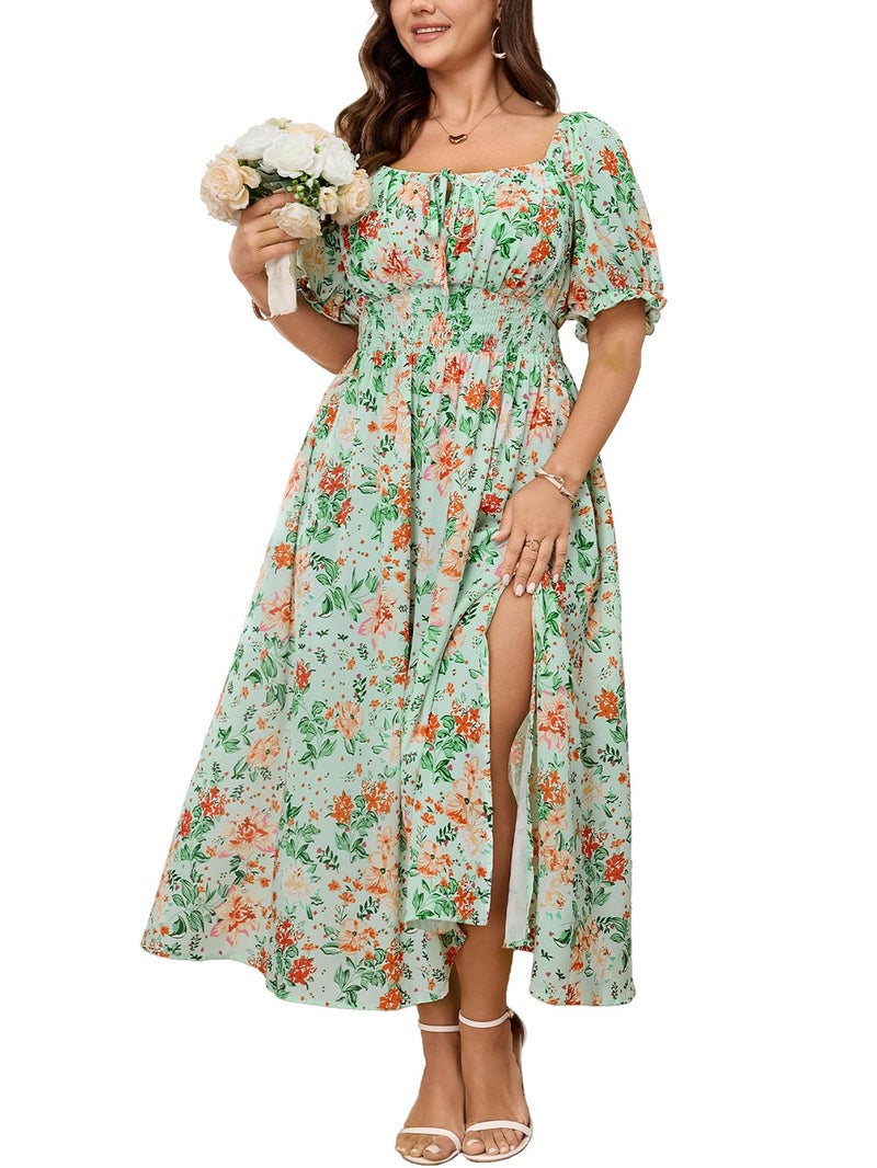 SHESTARR Women's Plus Size Summer Milkmaid Dress Short Sleeve Square Neck Tie Front Split A-Line Boho Casual Dress Green Floral - Image 1