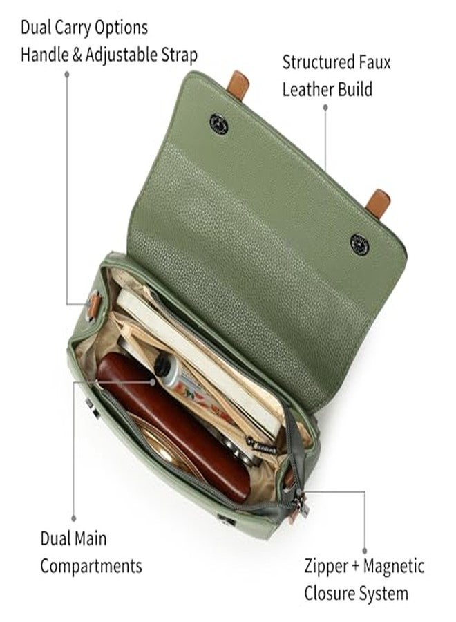 Fastrack Monochrome Muse Satchel | Faux-Leather Satchel for Women in Olive with Tan Accents | Buckle-Flap Closure, Dual Carry Options, Centre Zip Divider & Quick-Access Pockets - Image 4