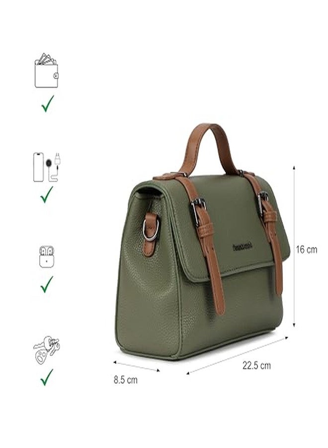 Fastrack Monochrome Muse Satchel | Faux-Leather Satchel for Women in Olive with Tan Accents | Buckle-Flap Closure, Dual Carry Options, Centre Zip Divider & Quick-Access Pockets - Image 5