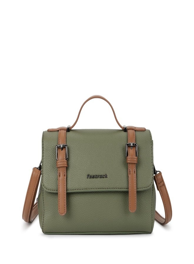 Fastrack Monochrome Muse Satchel | Faux-Leather Satchel for Women in Olive with Tan Accents | Buckle-Flap Closure, Dual Carry Options, Centre Zip Divider & Quick-Access Pockets - Image 1