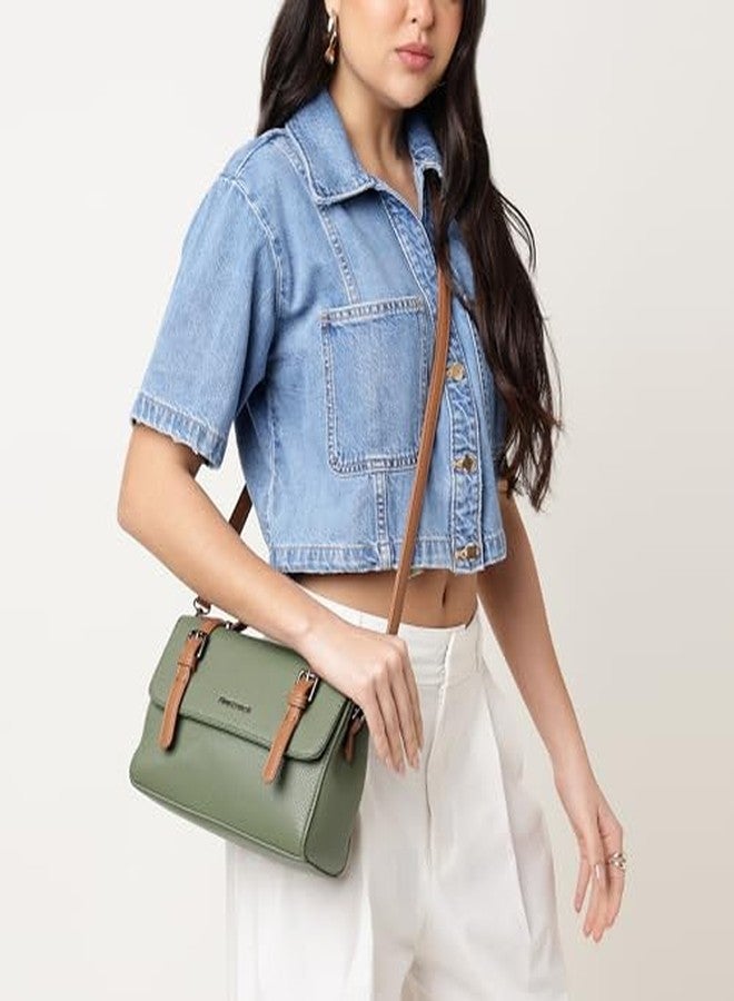 Fastrack Monochrome Muse Satchel | Faux-Leather Satchel for Women in Olive with Tan Accents | Buckle-Flap Closure, Dual Carry Options, Centre Zip Divider & Quick-Access Pockets - Image 3