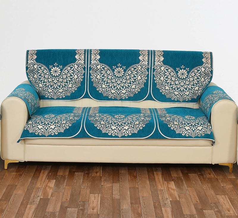 SAWNA HOMES 5 Seater Printed Sofa Cover Set With Arm Covers | Velvet Chenille Back Slip Panels for 3,1,1 Seater | Anti-Slip Washable Protectors for Living Room (12 Pcs, Sky Blue) - Image 2