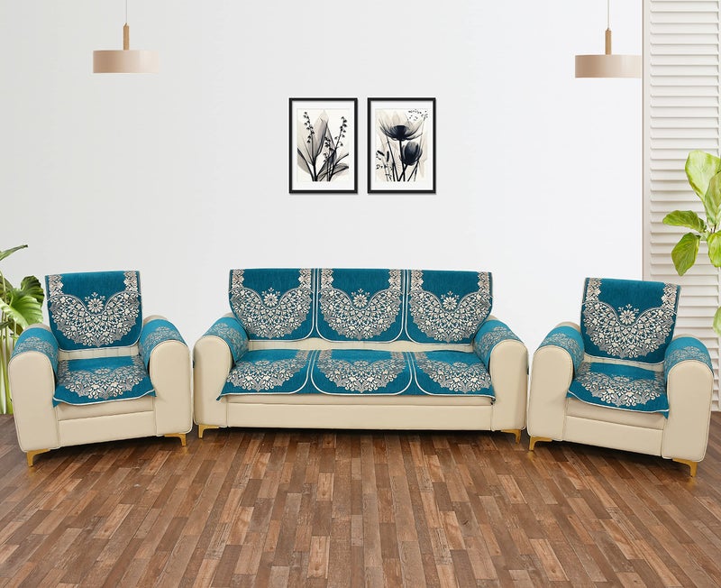 SAWNA HOMES 5 Seater Printed Sofa Cover Set With Arm Covers | Velvet Chenille Back Slip Panels for 3,1,1 Seater | Anti-Slip Washable Protectors for Living Room (12 Pcs, Sky Blue) - Image 4