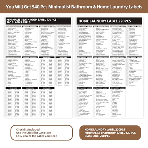 KIUKIUO 540 PCS Bathroom Home Laundry Labels for Organizing with DIY Blank Labels, Preprinted Minimalist Waterproof Oil Resistant Stickers for Bathroom Laundry Home Beauty Organization Supplies - Image 2
