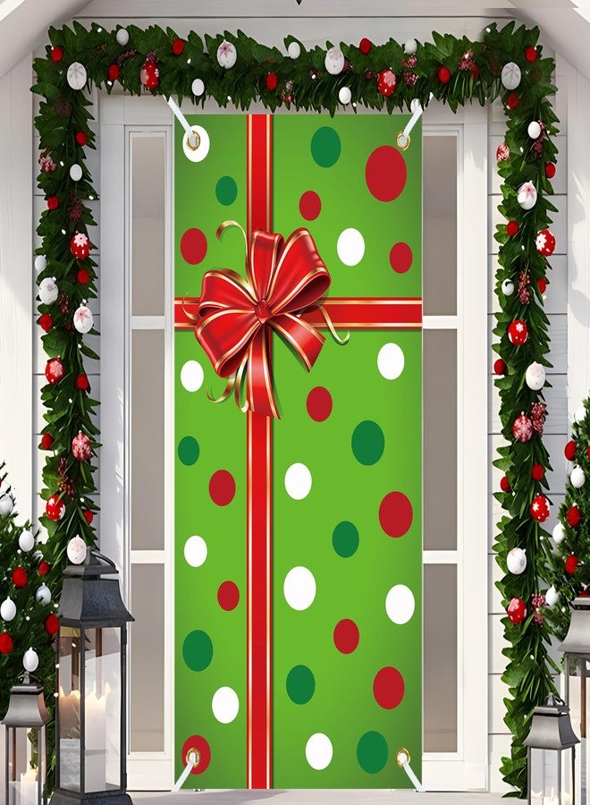 Fairooth Christmas Door Cover Xmas Gift Box Door Hanging Banner Merry Christmas Front Doors Cover Backdrop Decorations for Holiday Indoor Outside Party Supplies, 70.9 x 35.4 Inch(Green Polka Dots) - Image 1